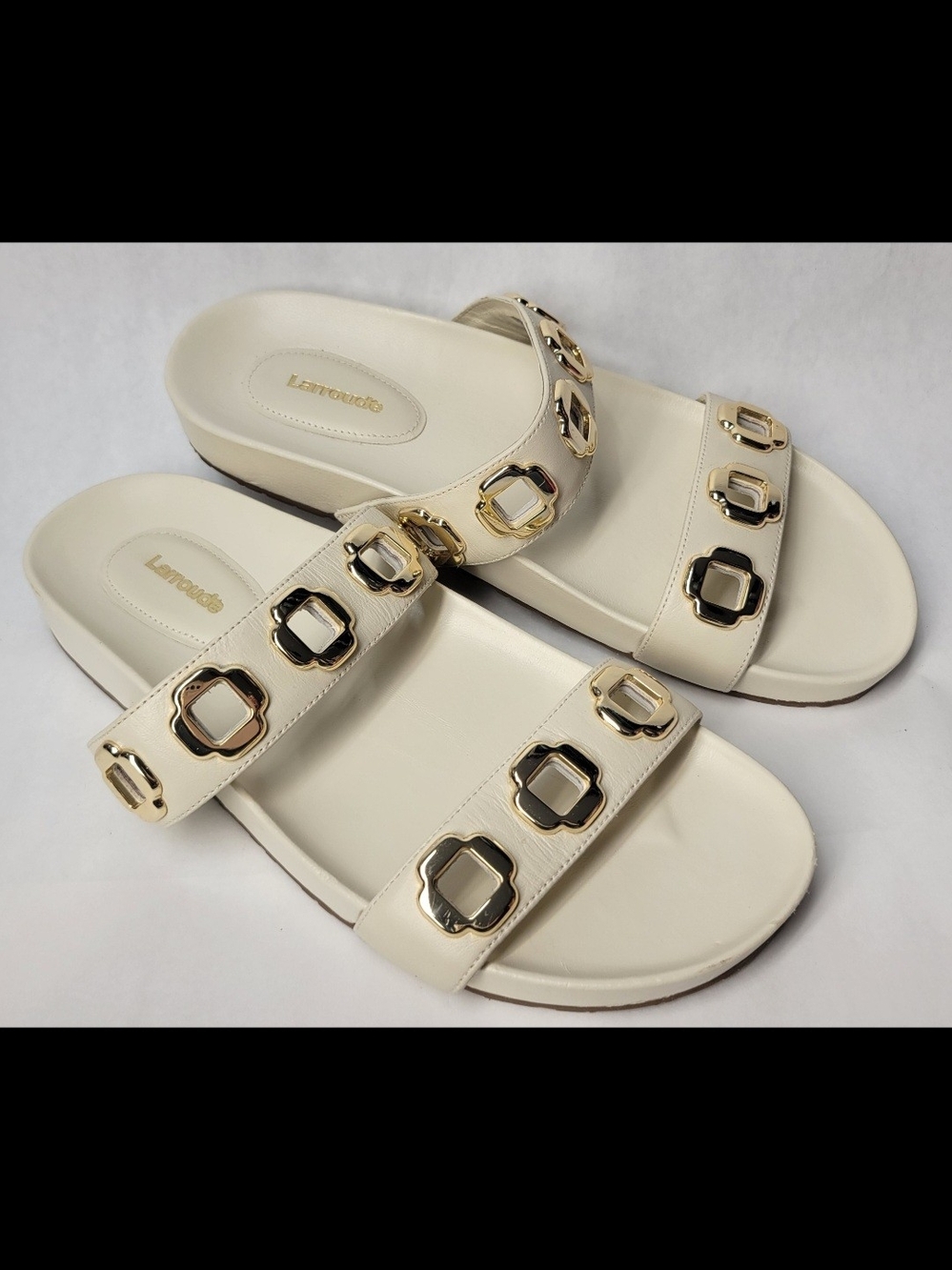New Larroudé Milan Slide Sandals leather chunky gold-tone hardware
